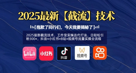 2025最新截流技术，工作室实操迭代打法，日轻松引粉300+，抖音+小红书+B站+视频号流量实操全流程-丸动小站